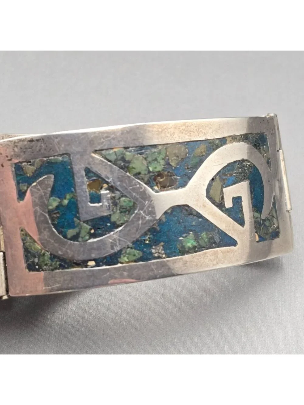 Vintage Taxco Sterling Silver Turquoise Inlay Bracelet 7